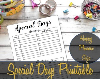 May include: A white printable planner page with the words "Special Days" at the top. The page is divided into sections for January and February, with spaces for dates, names, and gift ideas. The words "Happy Planner Size" and "Special Days Printable" are also visible.