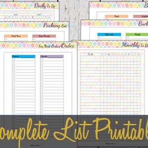May include: A set of printable checklists and to-do lists with a colorful geometric pattern. The lists include "Daily To Do", "Packing List", "For Next Online Order", "Books to Read", "Bucket List", and "Monthly To Do".