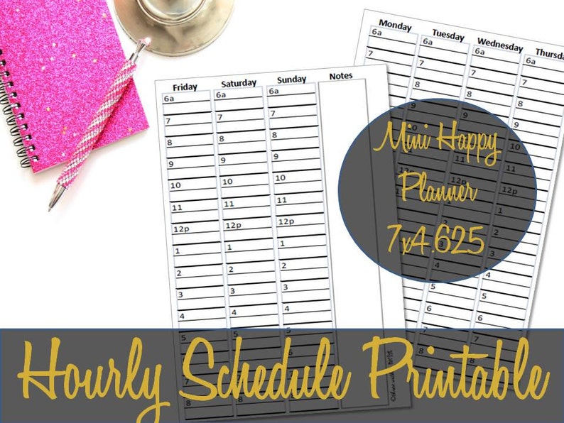May include: A printable hourly schedule planner with a black and white design. The planner is labeled "Mini Happy Planner" and includes the number "74.625".
