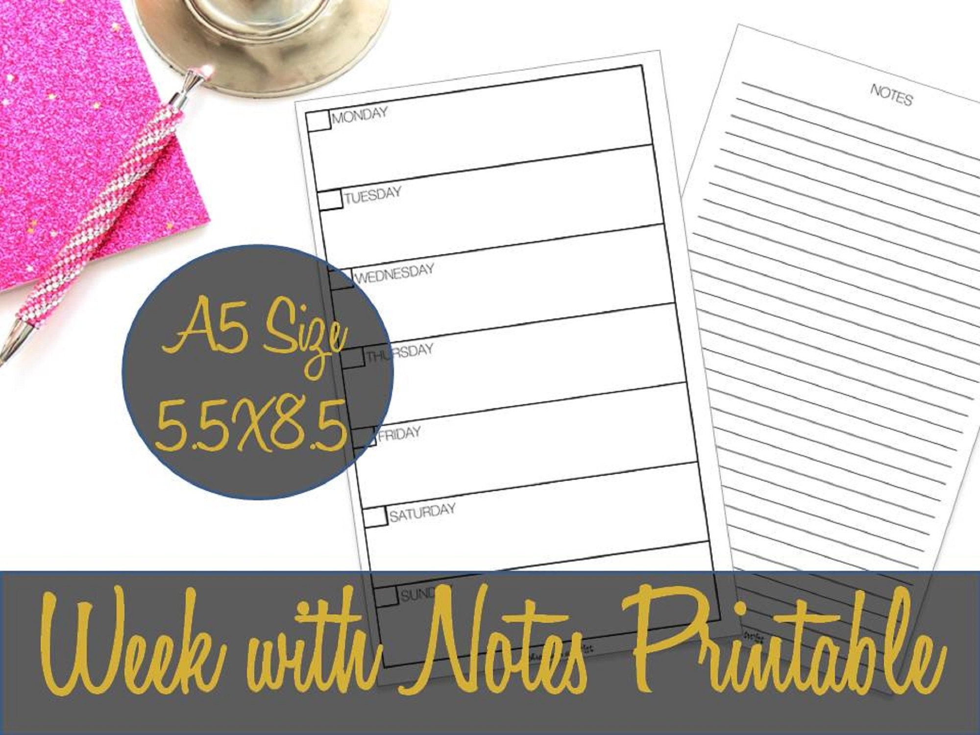 Week With Notes on 2 Pages A5 Printable Inserts Undated - Etsy