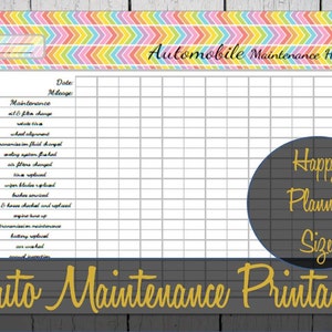 May include: Printable automobile maintenance log with a colorful chevron pattern at the top. The log includes columns for date, mileage, and a list of maintenance items such as oil change, wheel alignment, transmission fluid change, air filter change, tire rotation, wiper blades, brakes, belts and hoses, engine tune up, transmission maintenance, battery, and air conditioning.