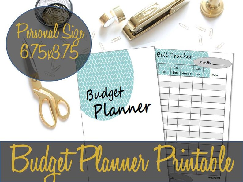 May include: A printable budget planner with a teal and white geometric pattern. The planner includes a bill tracker with columns for due date, amount, date paid, and notes. The text "Budget Planner Printable" is at the bottom of the page.