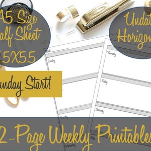 Puede incluir: Una plantilla de planificador semanal imprimible en blanco y negro. El planificador no está fechado y tiene un diseño horizontal. El texto "Sunday Start!" y "2-Page Weekly Printables" es visible. El planificador está diseñado para papel de tamaño A5, que es de 21,5 cm por 14 cm.