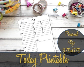 Today Personal Size Printable Insert 6.75x3.75 Black and White, Hourly Schedule Insert, Refill, Daily Docket, Filofax - INSTANT DOWNLOAD