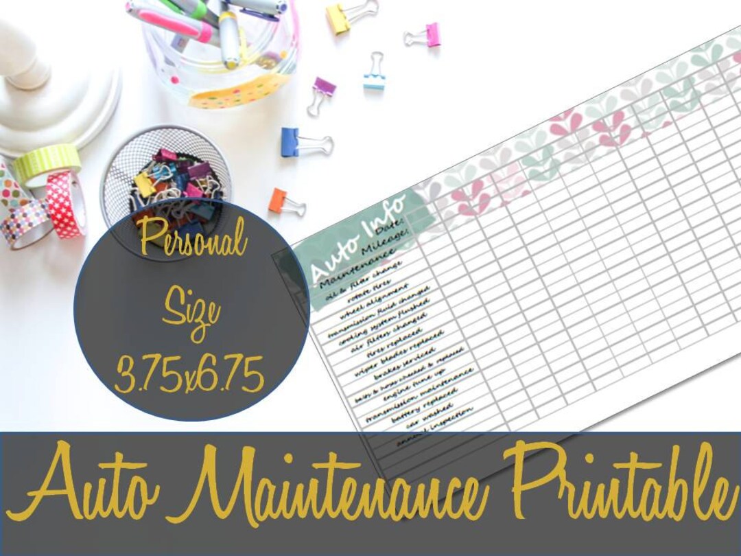 Auto Maintenance Personal Size Printable Insert 6.75x3.75, Vehicle ...
