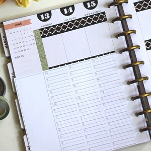 May include: A weekly planner with a black and white geometric pattern on the top of each page. The planner has a gold coil binding and is open to the pages for June 13th, 14th, and 15th. The days of the week are labeled at the top of each page.