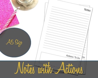 Notes with Actions Printable Insert A5, Webster's Pages, Kikki K, Filofax, Franklin Covey - INSTANT Download