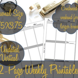 Week on Two Pages Personal Sized Vertical Calendar Printable Inserts Undated 3.75x6.75 Customizable Wide Boxes, WO2P INSTANT Download image 1