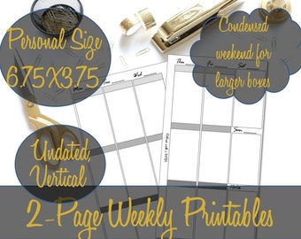 Week on Two Pages Personal Sized Vertical Calendar Printable Inserts Undated 3.75x6.75 Customizable Wide Boxes, WO2P - INSTANT Download