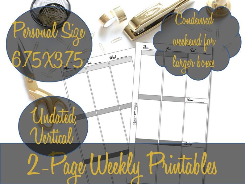 Week on Two Pages Personal Sized Vertical Calendar Printable Inserts Undated 3.75x6.75 Customizable Wide Boxes, WO2P INSTANT Download image 1