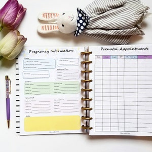 Puede incluir: Un diario de embarazo con una portada azul claro y blanca. El diario tiene secciones para informaci&oacute;n sobre el embarazo, citas prenatales y notas. El diario est&aacute; abierto en una p&aacute;gina con una secci&oacute;n para fechas, &uacute;ltimo per&iacute;odo menstrual, fecha de parto prevista y plan de parto. La otra p&aacute;gina tiene una secci&oacute;n para citas prenatales con columnas para fecha, semanas, peso, presi&oacute;n arterial, c&oacute;mo se siente la persona y notas.