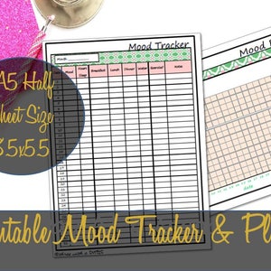 May include: Printable mood tracker and plotter in black and white with a green and pink patterned header. The tracker is on a white sheet of paper with the text "Mood Tracker" and "Mood Plotter" at the top. The tracker is A5 half sheet size, 8.5 x 5.5 inches.