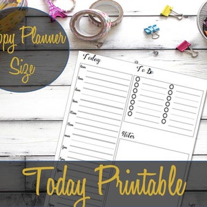 May include: A printable "Today" planner page with sections for "Today", "To Do", and "Notes". The page is white with black text and gray lines. The planner is on a wooden surface with colorful paper clips and other office supplies.
