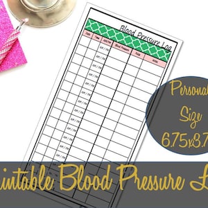 May include: Printable blood pressure log with a green and white patterned header. The log has columns for date, time, blood pressure, pulse, and notes. The text "Personal Size 6.75x8.75" is in a circle on the right side of the page.