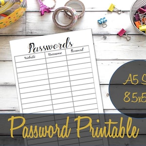 Password A5 Printable Insert Half Sheet, Webster's Pages Refill, Kikki K Inserts, Filofax Inserts, Franklin Covey Inserts, Carpe Diem Refill