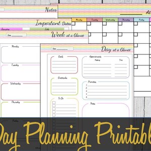 May include: Printable day planner pages with rainbow stripes. The pages include sections for notes, important dates, a weekly calendar, a daily schedule, appointments, priorities, and a to-do list.