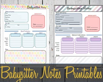 Babysitter Notes Printable Sheet, Babysitter Info, Babysitter Notes - INSTANT DOWNLOAD PDF