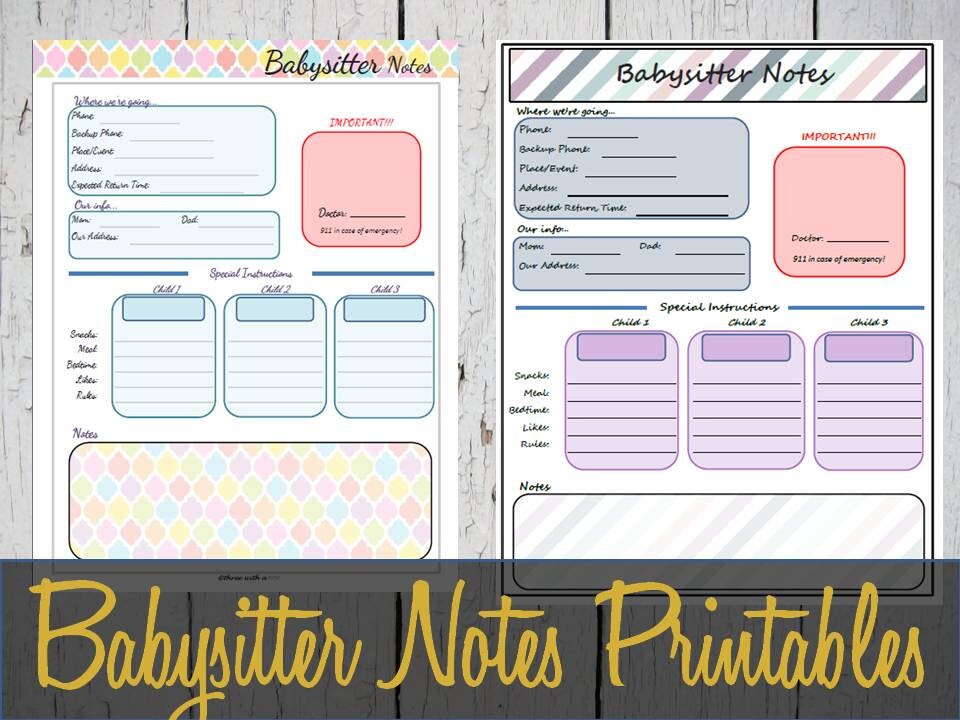 Babysitter Notes Printable Sheet, Babysitter Info - INSTANT DOWNLOAD PDF