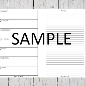 Week With Notes on 2 Pages A5 Printable Inserts Undated Horizontal ...