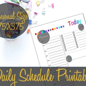May include: A printable daily schedule planner with a grey background and black text. The planner is divided into two sections: a to-do list and a time-based schedule. The to-do list has a circle with the text "To Do" in it. The time-based schedule has a circle with the text "Next" in it. The planner is titled "Today".