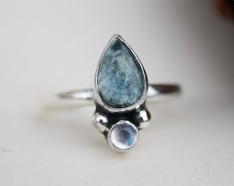 Protected by the Forest - Seraphinite and Moonstone Eco Sterling Silver Handmade Ring
