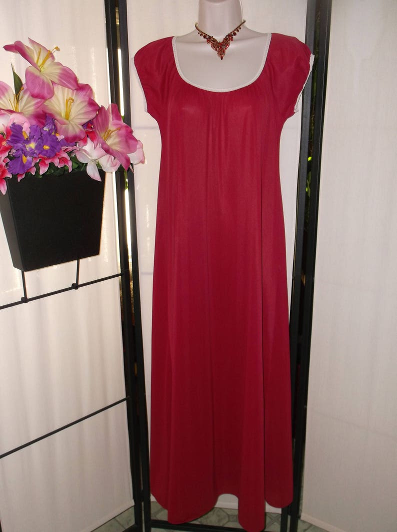 SmallMedium; lace trim; simple style; on or off shoulder; bridal gift peasant sleeves Vintage 1960s Deena nightgown dark red crimson