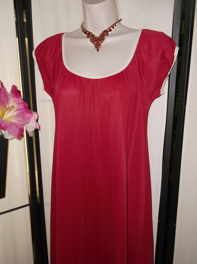 SmallMedium; lace trim; simple style; on or off shoulder; bridal gift peasant sleeves Vintage 1960s Deena nightgown dark red crimson
