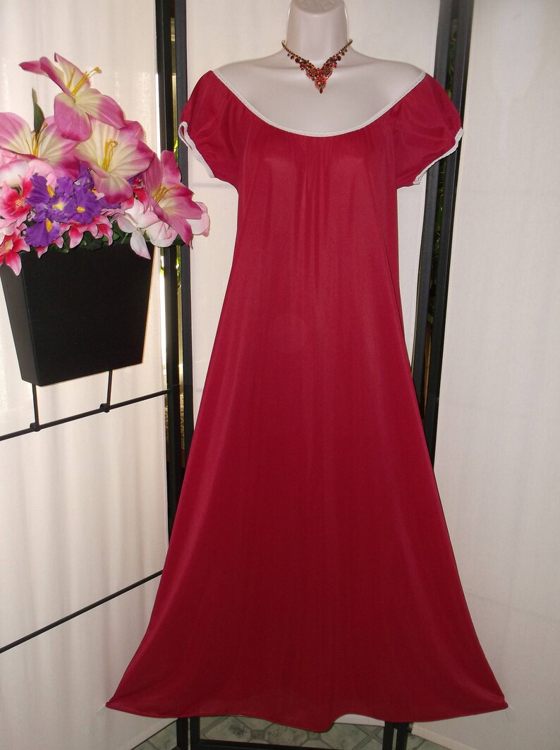 SmallMedium; lace trim; simple style; on or off shoulder; bridal gift peasant sleeves Vintage 1960s Deena nightgown dark red crimson