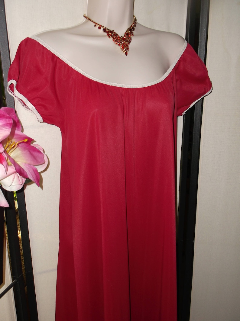 SmallMedium; lace trim; simple style; on or off shoulder; bridal gift peasant sleeves Vintage 1960s Deena nightgown dark red crimson
