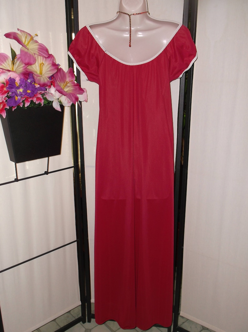 SmallMedium; lace trim; simple style; on or off shoulder; bridal gift peasant sleeves Vintage 1960s Deena nightgown dark red crimson