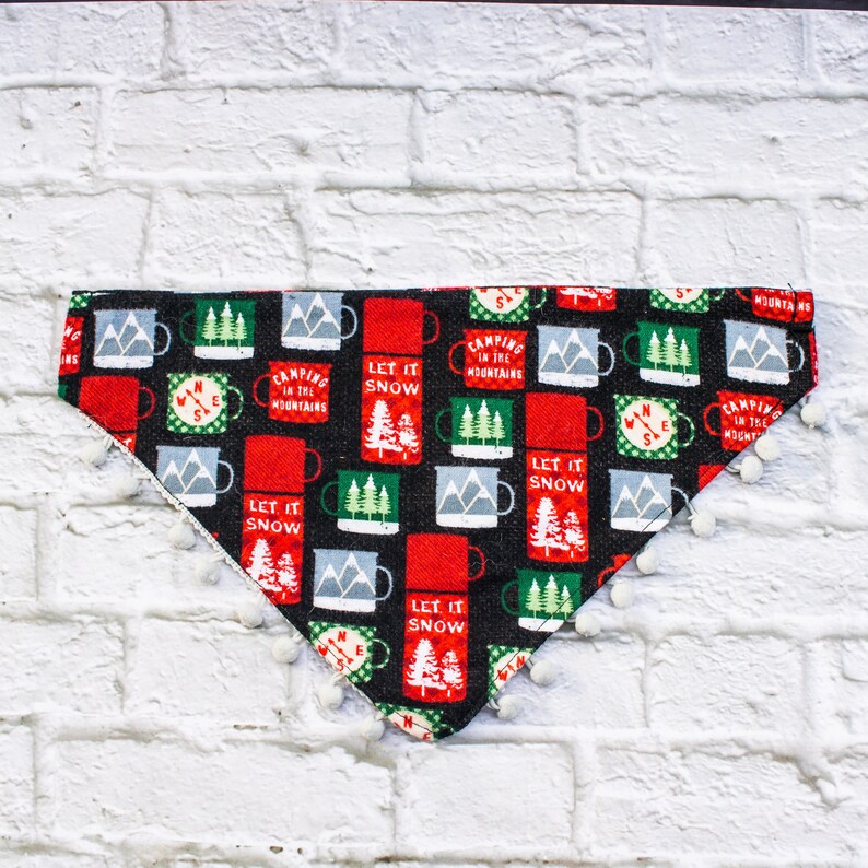 Dog Bandana Fringe Christmas Reversible Winter Pom Poms Pet Bandana Over the Collar Customizable Personalizable Bears