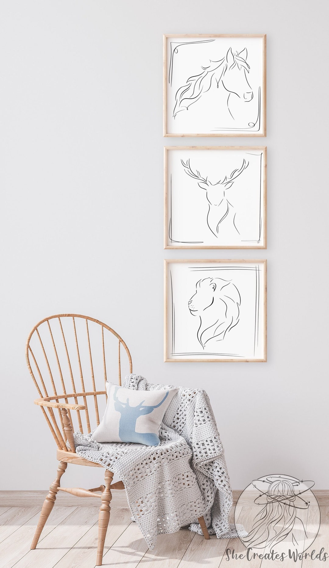 Set of 3 Nursery Animal Wall Prints Minimalist Line Art Deer/horse/lion