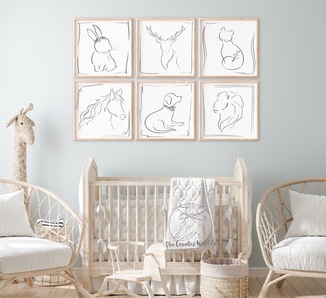 Set of 6 Nursery Animal Wall Prints Minimalist Line Art Bunny/dog/cat