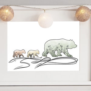 May include: A framed art print featuring a mother bear and two cubs walking in a line. The mother bear is filled with a floral design in shades of green. The cubs are in shades of tan and pink. The print is in a white frame.