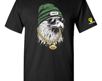 Youth Philly Eagles fan black tee featuring Eagle wearing beanie hat and football necklace