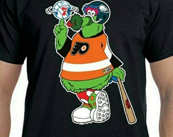 Philly Phanatic Black Tee Shirt, Custom Fan Art design, Phillies, Flyers, Sixers, Eagles all in one! Adult sizes