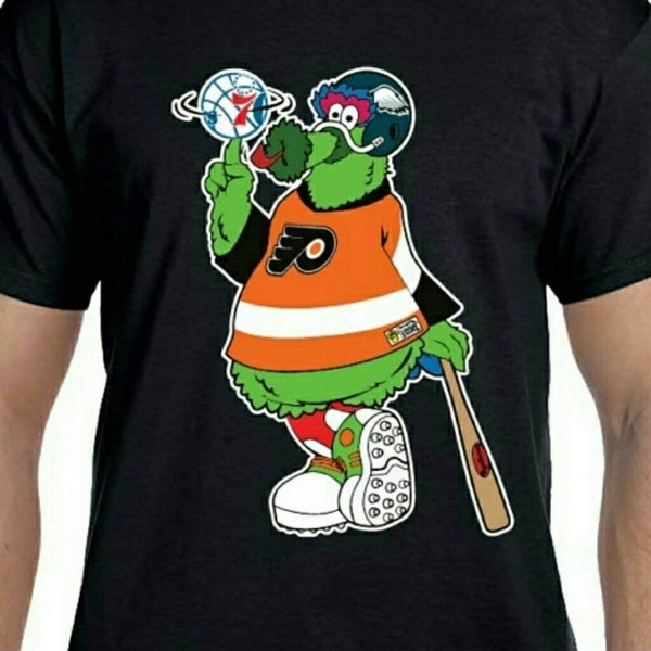 Philly Phanatic Black Tee Shirt, Custom Fan Art design, Phillies, Flyers, Sixers, Eagles all in one! Adult sizes