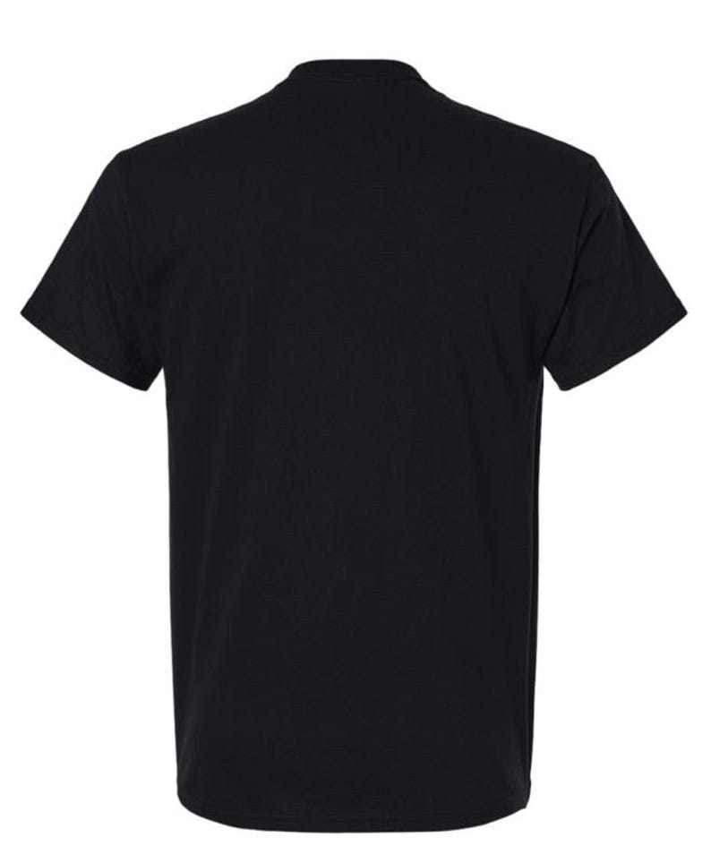May include: A black short-sleeved t-shirt.