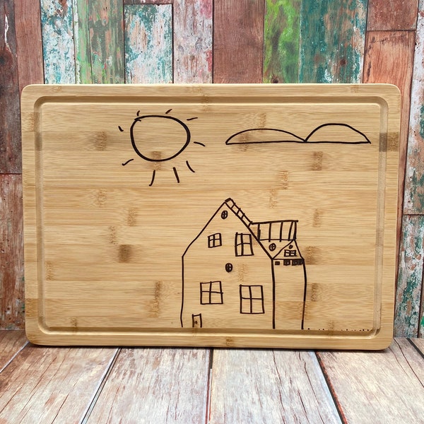 Child Drawing on Wood Cutting Board, Picture on Wood, Mothers Day Gift, Children's Artwork on a Cutting Board, Gift for Grandma