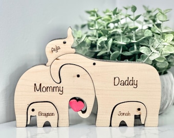 Wood Elephant Family Puzzle, Wooden Elephant Toy, Family Keepsake Puzzle, Nursery Decor, Animal Family Stacking Puzzle, Baby Shower Gift,