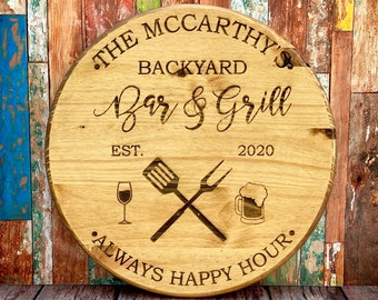 BBQ Sign, Personalized Wood BBQ Sign, Outdoor BBQ Sign, Bar & Grill Sign, Round Barbecue Sign, Housewarming Gift, Custom Grill Sign