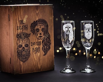 Bride & Groom Skull Champagne Glasses, Personalized Wedding Toasting Glasses, Gothic Wedding Gift, Skull Glass Set
