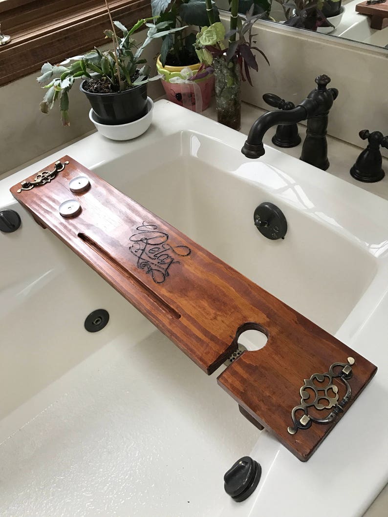 Bath Tray, Bath Caddy, Mothers Day Dock, 5 Year Anniversary Gift Idea, Rustic Bathroom Decor, Bath Docking Station, Wine Glass Holder image 5