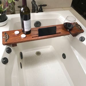 Bath Tray, Bath Caddy, Mothers Day Dock, 5 Year Anniversary Gift Idea, Rustic Bathroom Decor, Bath Docking Station, Wine Glass Holder image 7