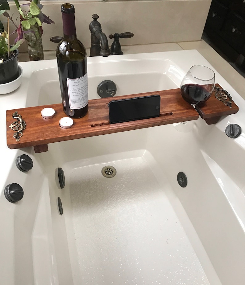 Bath Tray, Bath Caddy, Mothers Day Dock, 5 Year Anniversary Gift Idea, Rustic Bathroom Decor, Bath Docking Station, Wine Glass Holder image 7