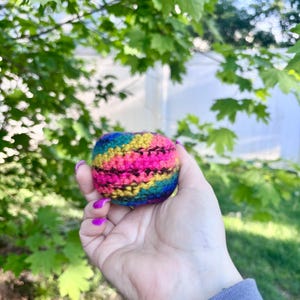 May include: A small, colorful crocheted ball with a vibrant mix of rainbow hues, including pink, yellow, blue, and green. The ball is held in a hand against a backdrop of green foliage. The crochet stitches are clearly visible, showcasing the texture of the yarn.