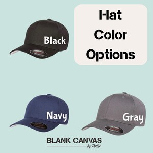 May include: Three baseball caps are displayed in black, navy, and grey. Each cap has a curved peak and a structured fit. The text "Hat Color Options" is shown, along with the brand name "BLANK CANVAS by Potter".