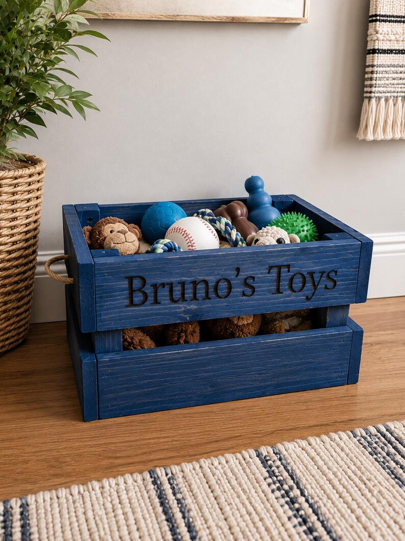 Personalized Dog Toy Box, Dog Toy Storage Bin, Custom Pet Toy Box, Wooden Dog Toy Crate, Rustic Dog Decor image 2