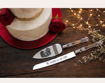 Engraved Skull Cake Serving Set, Gothic, Halloween Wedding, Stainless Steel, Til Death Do Us Part Wedding Cake Knife Set