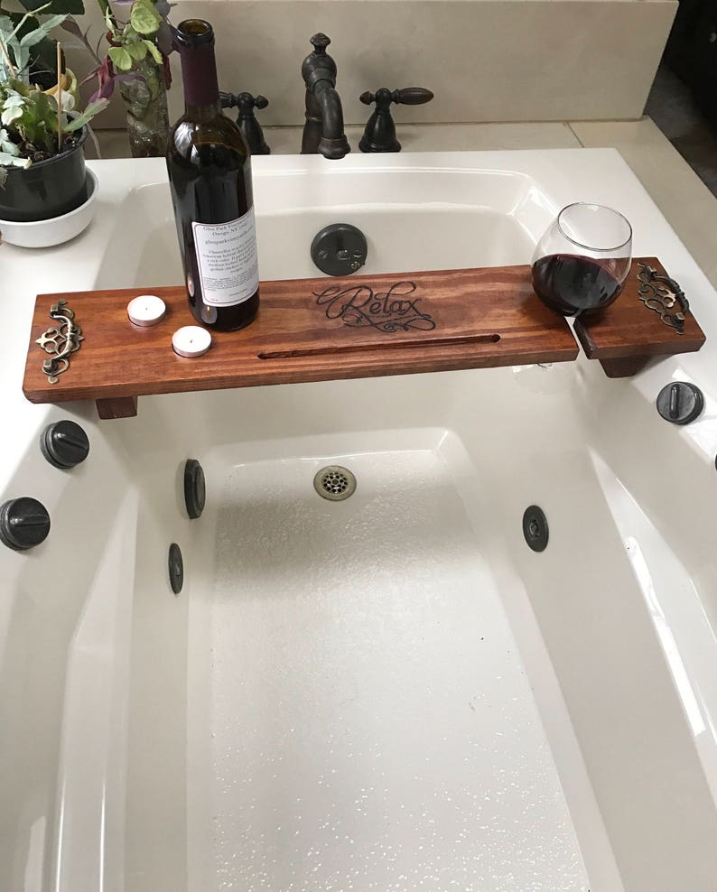 Bath Tray, Bath Caddy, Mothers Day Dock, 5 Year Anniversary Gift Idea, Rustic Bathroom Decor, Bath Docking Station, Wine Glass Holder image 6